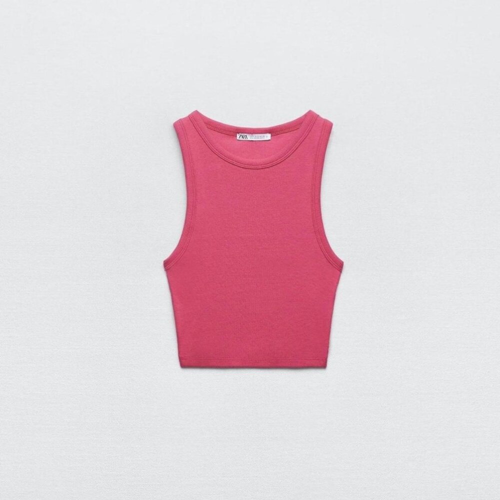 Zara Pink Ribbed T-Shirt Crop Tank Top Size M